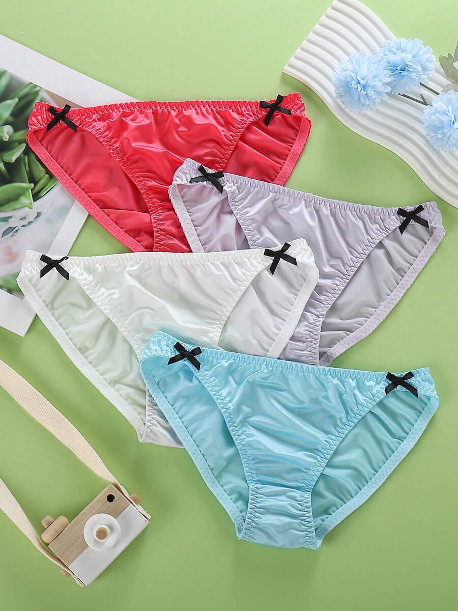 4 PCS Set Of Women's Sexy Seamless V-Shaped Underwear With Bow Decoration Design, Breathable, Comfortable And Soft Daily Basic Style, Invisible Wearing And Low Waist Underwear Set - 彩色 - 查看 1