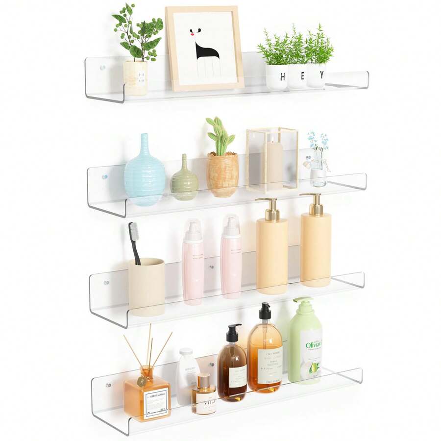 4pcs Acrylic Floating Wall Shelves, No Drilling Required, Available In 3 Sizes, Suitable For Bathroom, Kitchen, Office And Living Room