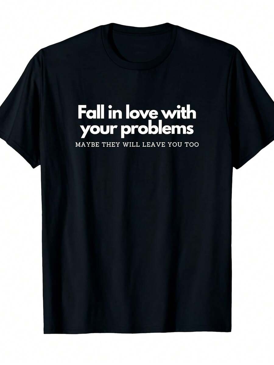 Camiseta para Hombre, Negra, Divertida y Moderna, Cómoda, con Estampado de Letras, Tejido Grueso de 200G, Adecuada para Fiestas, Citas y Entornos de Oficina, Camiseta Humorística, Talla Grande - Negro - Ver 1