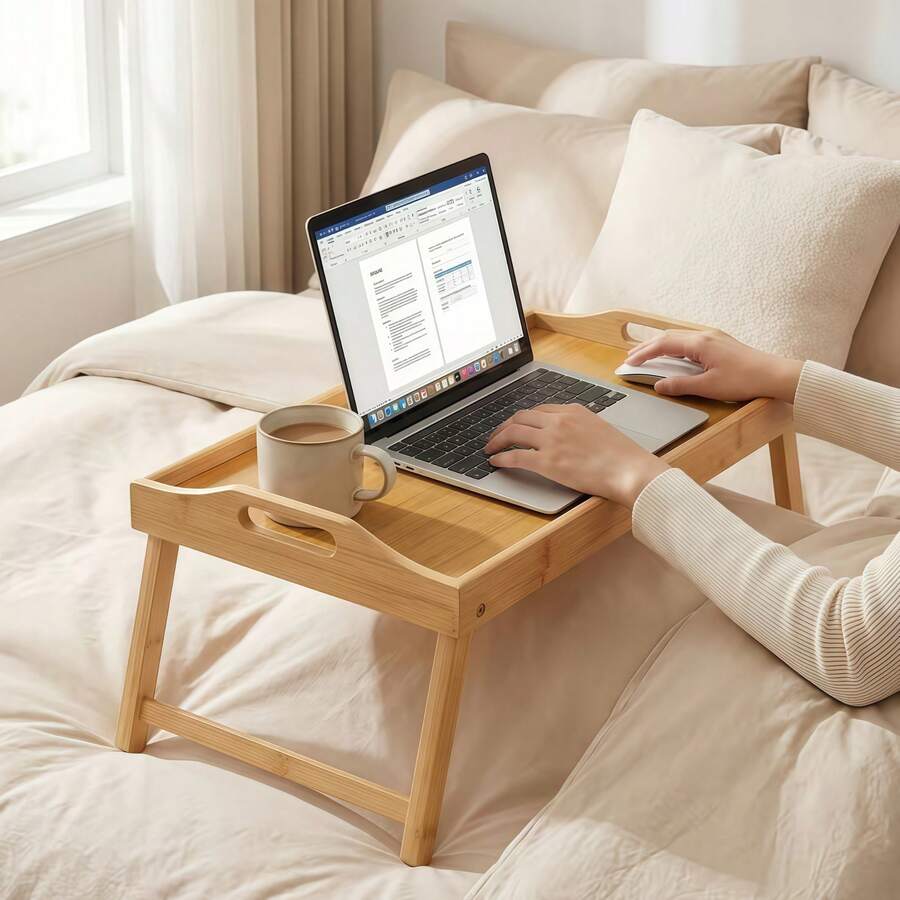 Escritorio plegable para portátil de bambú natural, material de bambú sólido, diseño plegable de una sola pieza para un almacenamiento fácil, asas antideslizantes a ambos lados + borde elevado para una colocación estable, opciones de varios tamaños, adecuado como bandeja para el desayuno, bandeja para TV para personas encorvadas, mesa de picnic al aire libre, estantería para el alféizar de la ventana, aplicable para el hogar, dormitorio, patio, estilo simple y de madera, práctico