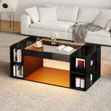 100*50*40cm Modern Coffee Table / Living Room Table / Hollowed-Out Coffee Table In The Middle, Tea Table With Tempered Glass Tabletop / High-Gloss Living Room Side Table / Black, MDF - Black - View 2