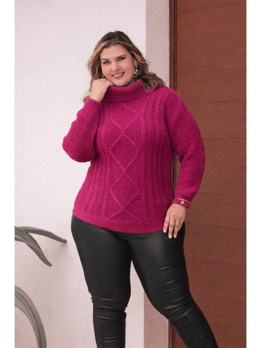 Plus Size Winter Knit Blouse With High Neck - Size GG - Pink Dahlia - View 1