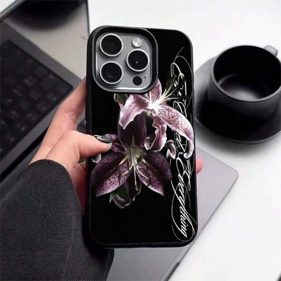 1pc TPU Material Dark Style Purple Lily Flower Pattern Phone Case Fit Compatible With Iphone 17 Pro Max/17/16 Pro Max/15/13/12/11, S20 FE/A15/S24/A55, Note 11/12/13 Pro, Full-Body Shockproof Soft Protective Cover - Black - View 1