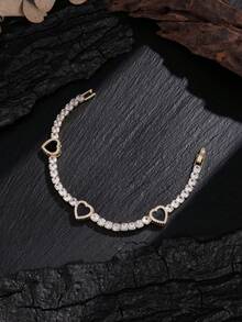 1/4pcs 18K Gold Plated Stainless Steel Heart Clasp Bracelet With Cubic Zirconia, Jewelry Set For Women, Suitable For Daily Wear, Music Festival, Party Gift - Gold - View 6