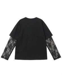 JUTU Cartoon Donut Print Lace Patchwork Round Neck Loose Mesh Sleeve T-Shirt, Fashionable & Comfortable Casual Long Sleeve Top For Women, Suitable For Spring, Summer, Autumn - 2A10 Black - KJ0381 - View 9