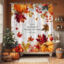 1pc Thanksgiving Autumn Shower Curtain Pumpkin Fall Leaves Decorative Bathroom Decor Polyester Fabric Bath Hanging Curtain Set 70.8x70.8 Inch With 12 Hooks For A Cozy Seasonal Touch, Home Decoration, Autumn Theme, Festive Decor, Easycare Fabric, Machine Washable, Bathroom Accessory, Seasonal Decor Lovers, Holiday Shoppers - A - View 1