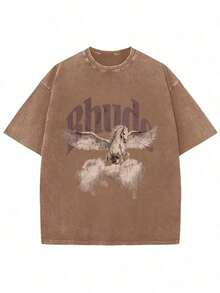 Rhude 230G Washed Cotton T-Shirt, Adult Men's Vintage Eagle & Cloud Print Top,  Short Sleeve For Daily Wear & Casual Outings2026 - 棕色 - 查看 1