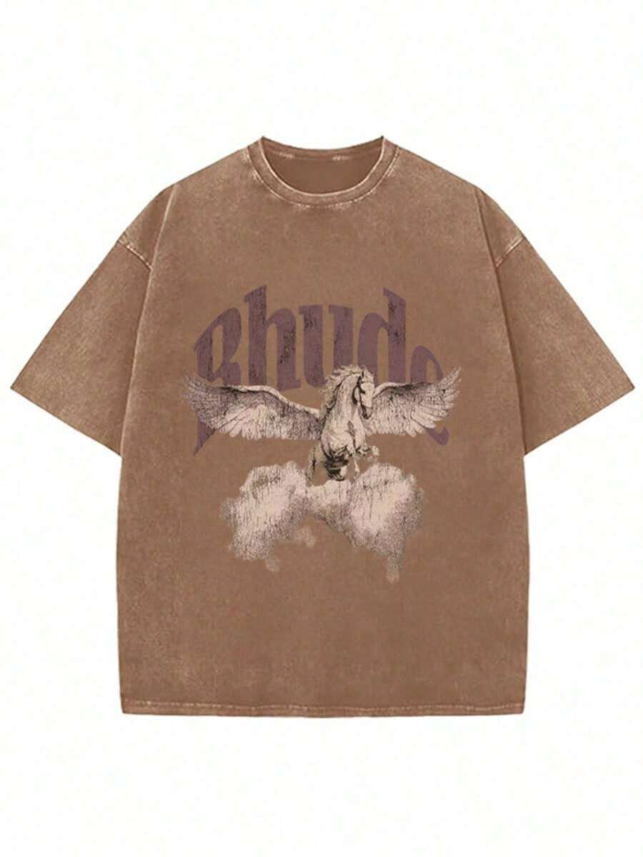 Rhude 230G Washed Cotton T-Shirt, Adult Men's Vintage Eagle & Cloud Print Top, Short Sleeve For Daily Wear & Casual Outings2026 - 棕色 - 查看 1