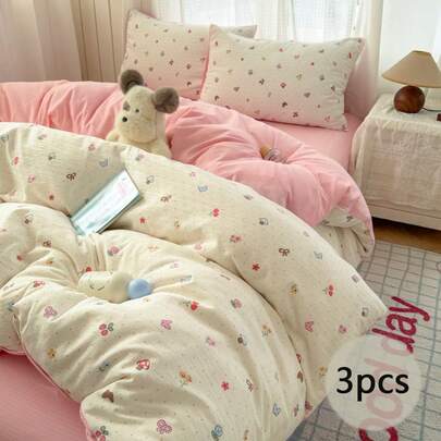 Bộ chăn ga gối 3 món, bộ ga trải giường họa tiết hoa kem Hàn Quốc Ins, nơ hồng, hình hoạt hình quả anh đào dễ thương, mềm mại và thân thiện với da, bộ ga trải giường chấm bi màu be nữ tính, bao gồm 1 ga trải giường (không kèm ruột chăn), 2 vỏ gối (không kèm ruột gối)