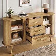 Pea-Shaped Dining Room Cabinet Decorated With A Grooved Design, Featuring Two Sliding Doors And Three Drawers, Adjustable Compartment Height, Solid Wood Cabinet Legs, Wood-Look Finish, Made Of MDF, Modern Nordic Style - Khaki - View 6