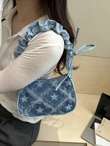 蓝色星形印花褶皱单肩包，牛仔布质感，可爱新月形流浪包，完美搭配街头风和日常休闲装扮 - 藍色 - 查看 2