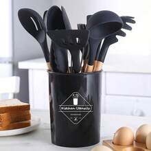 12pcs Silicone Cooking Utensil Set, Simple Wooden Handle Multi-Purpose Kitchen Gadget Tool Set For Kitchen - Grey - View 9