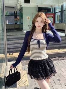 Contrast Stripe Camisole With Bow Accent & Shrug Cardigan 2 Pieces Set, Spring/Summer - Navy Blue - View 4