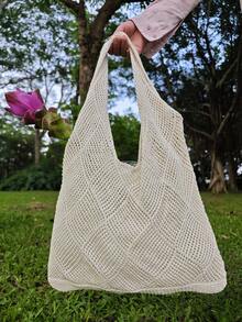 Bolsa de Mano de Gran Capacidad para Estudiantes en Verano, Bolso de Hombro Tejido Resistente a la Arena para Mujer, Bolso de Compras Vintage con Decoración Floral Calada para Supermercado - Albaricoque 2 - Ver 4