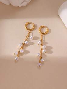 GEREIT 2 piezas Pendientes largos de borla de perla falsa minimalista, diseño elegante, acero inoxidable 18K, adecuado para uso diario de mujeres, regalo del Día de la Madre - Dorado - Ver 18