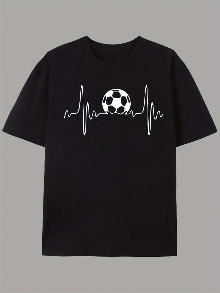 Camiseta de Fútbol para Hombre con Diseño de Balón y Línea de Latidos del Corazón - Negra con Diseño Blanco, Tejido Elástico Transpirable, Corte Cómodo, Cuello Redondo, Manga Corta para Entrenamientos de Fútbol, Partidos y Uso Casual - Ropa Deportiva para Todas las Temporadas, Regalo para Jugadores y Aficionados - Negro - Ver 1