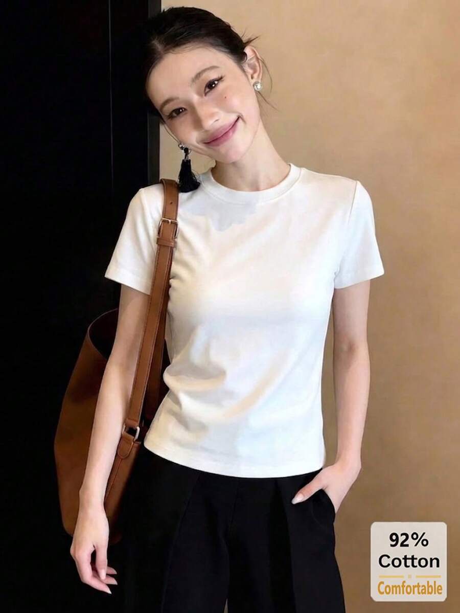 短袖T恤，百搭短袖T恤，女士短袖上衣，修身纯色打底衫，休闲白色夏季款