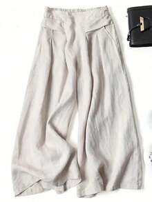 Pantalones anchos de primavera para mujer con bolsillo delantero decorativo de unicolor y casual - Café integral - Ver 7