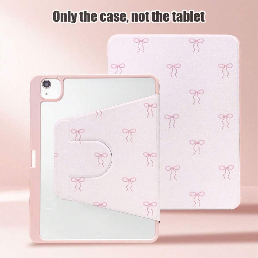1 pieza Funda con tapa abatible para tableta con ranura para bolígrafo, diseño de lazo rosa, soporte giratorio 360°, portabolígrafos incorporado, funda de piel sintética con función de suspensión/activación automática, compatible con Huawei///Apple/ y otros modelos populares, adecuado para volver a la escuela, el Día de San Valentín, regalos festivos - Multicolor - Ver 1
