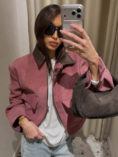 ZAHM Spring New Women Casual Loose Leather Patchwork Lapel Corduroy Jacket Coat, Pink