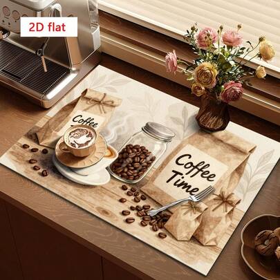 1 tấm lót chén đĩa, tấm lót máy pha cà phê, tấm thấm hút bằng polyester với họa tiết hạt cà phê và tách cà phê, tấm thoát nước đa năng, quà tặng gia đình, vật trang trí bàn.