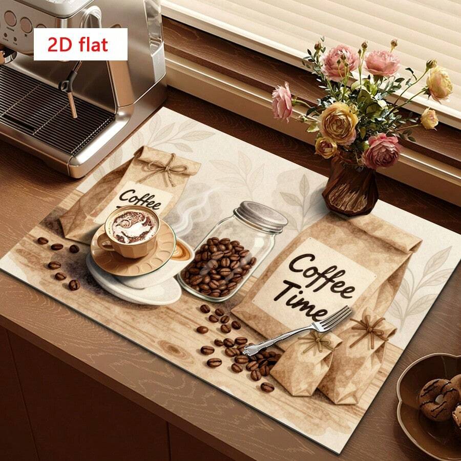 1pc Dish Drying Mat, Coffee Machine Pad, Polyester Absorbent Mat With Coffee Beans & Cup Pattern, Multipurpose Draining Mat, Home Gift, Tabletop Decor