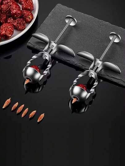 1个不锈钢樱桃去核器和去核工具 - 便携式水果去核器，符合人体工程学的手柄设计，方便去除橄榄、樱桃和枣的核 - 金属材质，厨房易用，水果去核器 | 杠杆式 | 厨具