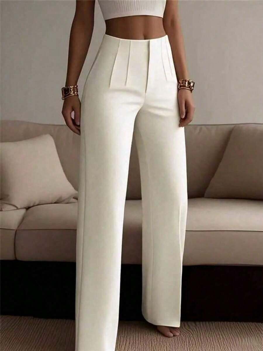 Pantalones rectos de pierna ancha de unicolor para mujer, pantalones casuales de pierna recta, versátiles para diversas ocasiones y para ir al trabajo, color blanco primaveral - Blanco - Ver 1