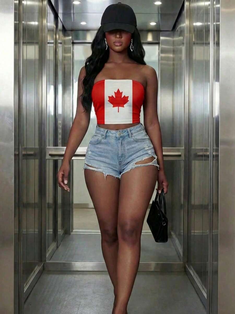 Women's Casual Canada Flag Print Bandeau Backless Cropped Tube Top, Suitable For Spring/Summer, Essential For Game Day, Football/Soccer Match