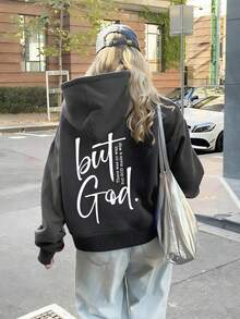 新款女式秋冬連帽衛衣，印有「But God」圖案，柔軟舒適，抓絨內裡，休閒秋季上衣 - 深灰色 - 查看 7