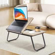 Thoải mái & Tiện lợi - Bàn laptop gấp gọn đa chức năng có giá đỡ cốc, bàn laptop di động cho giải trí, văn phòng và học tập, độ nghiêng có thể điều chỉnh, khung gỗ chắc chắn, phù hợp cho giường ngủ, đọc sách, học tập và ăn sáng, không cần lắp ráp, bàn laptop, món quà hoàn hảo - Nhiều màu - Xem 7