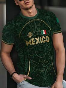 Camiseta de manga corta con estampado de tótem vintage y bandera nacional, camiseta holgada y casual para hombre, de verano - Negro - Ver 3