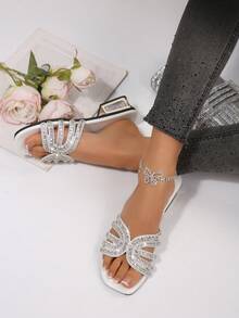 Sparkling Rhinestone Low Heel Slippers, Comfortable Chunky Heel Design, Daily, Summer New Outdoor, Beach, Date, Party Versatile Women Strap Sandals - White - View 3