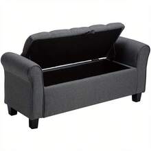 Linen Upholstered Bed End Bench Storage Ottoman Buttoned Hallway Window Seat - Dark Gray - View 12