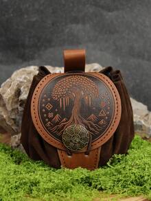 北歐 Yggdrasil 生命之樹皮革腰包 – 中世紀維京 LARP 文藝復興節配件，手工雕花麂皮與皮革包，附北歐盧恩文字與恐懼之盔符號，抽繩開口，適合 Cosplay、文藝復興市集及日常攜帶 - A - 查看 11