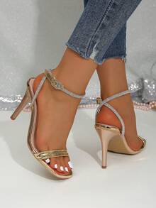 Women's High Heel Sandals Open Toe High Heels Rhinestone Lace-Up Stilettos Fashion Super High Heel Party Shoes - Gold - View 6