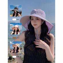 Women's Outdoor Sun Hat With Ponytail Hole For Summer Uv Protection, Korean Fashion Wide Brim Shawl Bucket Hat - 彩色 - 查看 2