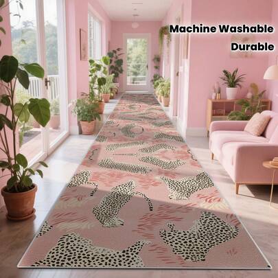 1 pieza Alfombra de pasillo, alfombra de área, tapete, decoración del hogar, alfombra de área, alfombra de área de la sala de estar, decoración del hogar de la sala de estar, decoración de la habitación, alfombra lavable con estampado de leopardo color rubor