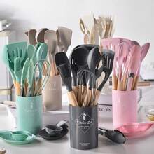12pcs Silicone Cooking Utensil Set, Simple Wooden Handle Multi-Purpose Kitchen Gadget Tool Set For Kitchen - Baby Pink - View 3
