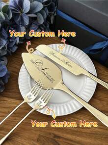 4pcs Customized Wedding Cake Cutting Set, Personalized Souvenir, Suitable For Bride, Anniversary, Engagement Couple Cake Knife & Fork Set - Multicolor - View 4