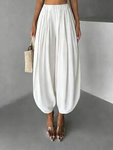 Women Harem Pants Elastic High Waist Loose Casual Wide Leg Tapered Ankle Pants Lightweight Lounge Pants - 白色 - 查看 2