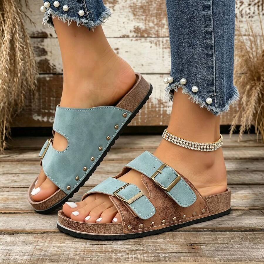 Chanclas casuales con tachuelas de diseño de bloques de color, ajustables y sin cordones, adecuadas para adolescentes, unisex, mujeres, uso en exteriores, playa, suela blanda, pareja, estampado de leopardo, adecuadas para fiesta, oficina, ligeras, elegantes, minimalistas, cómodas, casuales, para fiesta, diario, viaje, boda, camping, esenciales para verano y otoño, regalo, sexy, exterior, diseño retro