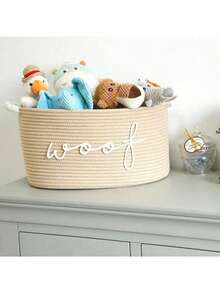 1 Giỏ đan dây thừng đựng đồ với họa tiết thêu "Woof Woof" - Giỏ đựng đồ chơi cho thú cưng, có thể đựng đồ chơi gặm, chăn và dây xích, tay cầm màu xanh hải quân, thiết kế xếp chồng được, giỏ đựng đồ cá nhân hóa cho mèo và chó, quà tặng cho thú cưng - Nhiều màu - Xem 9