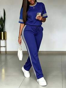 Set de 2 piezas de top de manga corta de cuello redondo y pantalones rectos de cintura alta con cordón, estilo casual y versátil, para primavera/verano - Azul real + gris - Ver 3