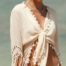 Hand-Crocheted Fringed Cardigan, Vacation-Style Beach Cover-Up, Sun-Protective Bikini Cardigan - Apricot - View 2