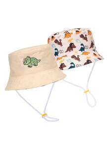1 件儿童双面恐龙印花渔夫帽，男女通用日常户外防晒渔夫帽 - 米色 - 查看 21