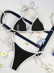 Traje de baño para mujer Swim Mod 2026 Primavera/Verano, con tirantes finos y cuello halter, en azul marino y amarillo en contraste, conjunto de bikini con lazo lateral para vacaciones. - Blanco y Negro - Ver 2