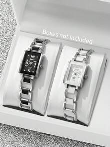 2pcs/Set Women's Fashion Casual Square Rhinestone Dial Quartz Bracelet Watch Combination (Watch Not Included) - Black and White - View 1