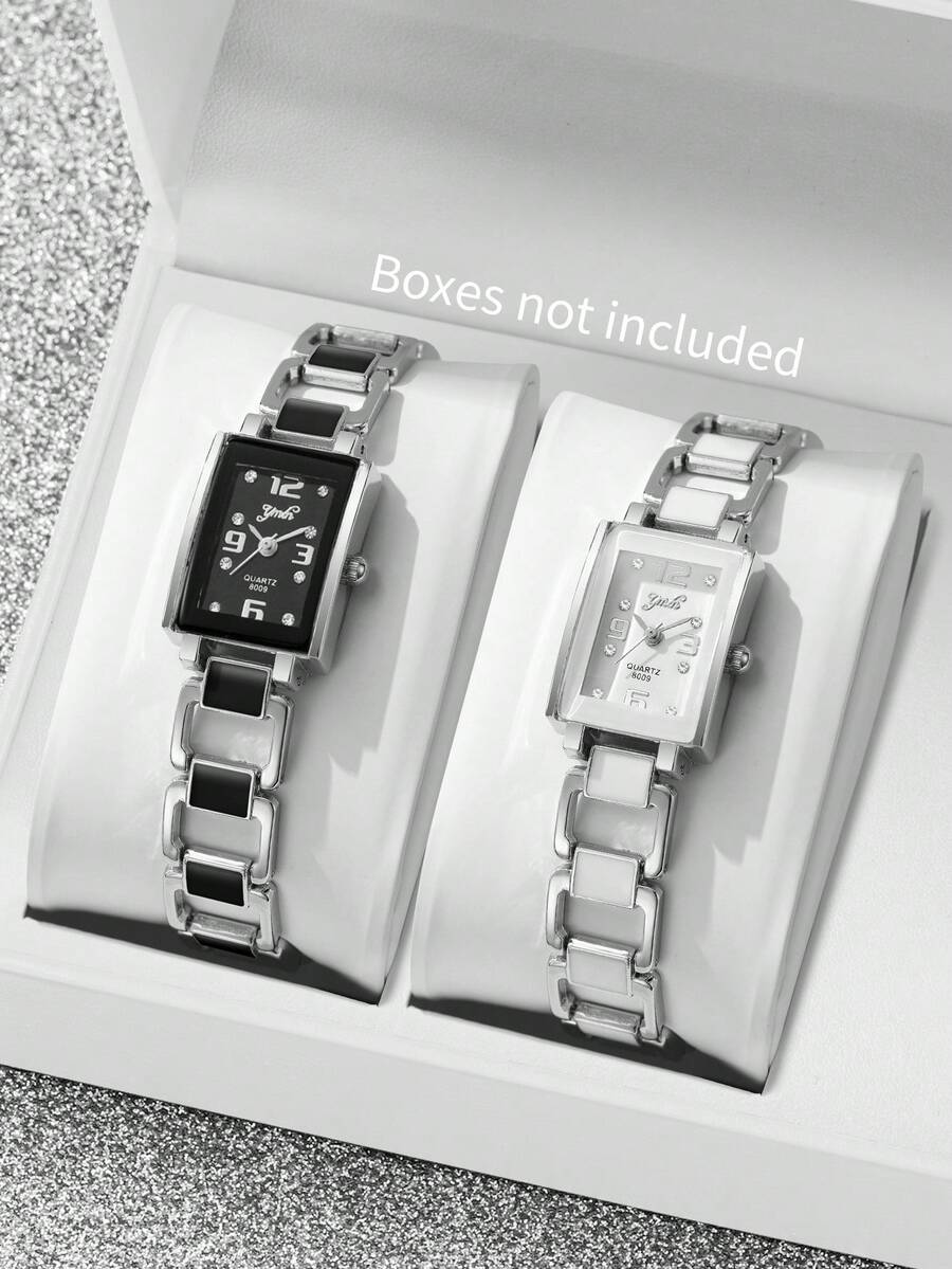 2pcs/Set Women's Fashion Casual Square Rhinestone Dial Quartz Bracelet Watch Combination (Watch Not Included) - Black and White - View 1