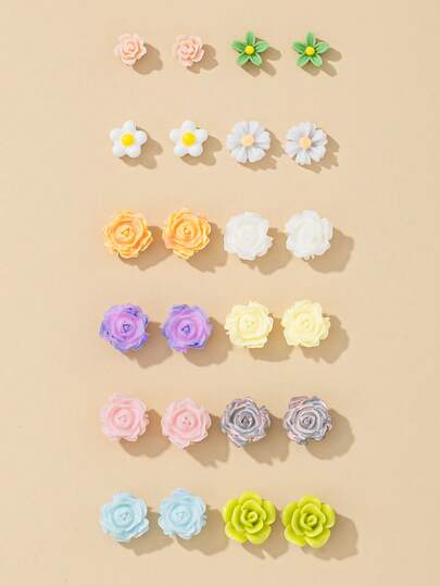 12 Pairs Assorted Cute Floral Stud Earrings Set, Suitable For Daily Wear, Dates, Holidays And Gifts